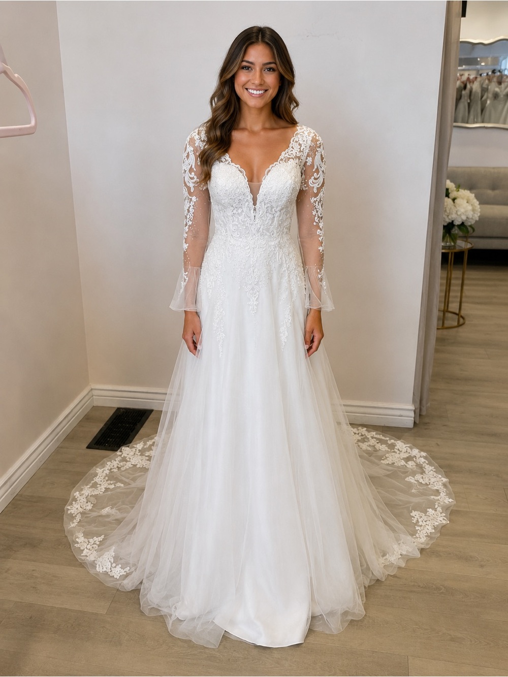 Long Sleeve Lace A-Line Wedding Dress in White